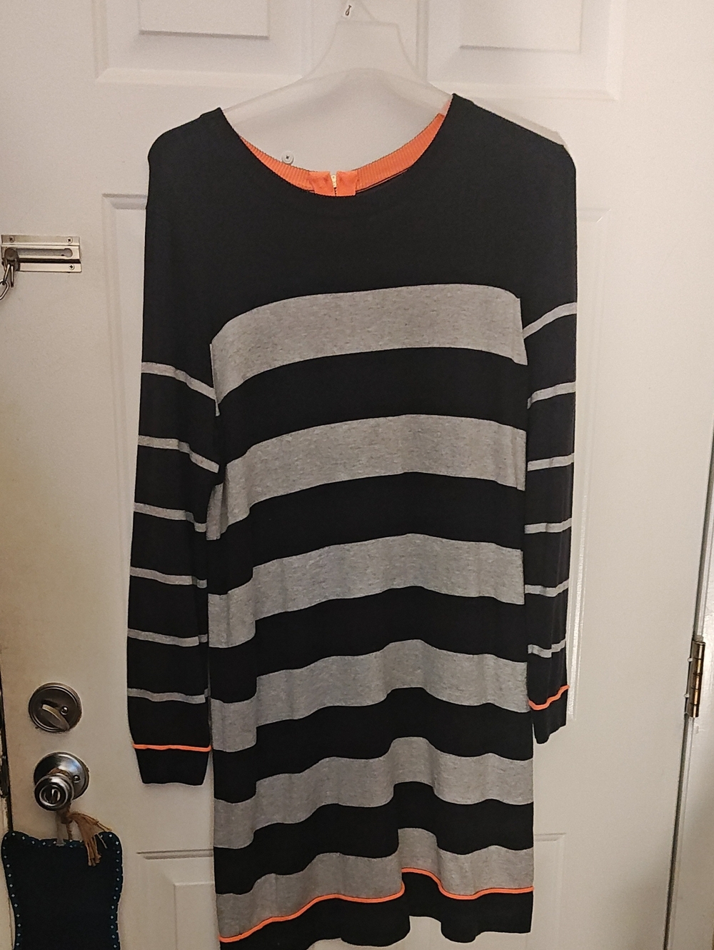 Black and Gray Striped Women Sweater Dress with Orange Trim